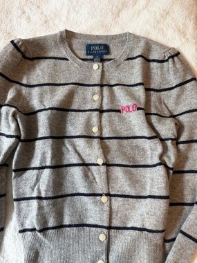 Ralph Lauren Gray Striped Button Cardigan with Pink POLO Embroidery